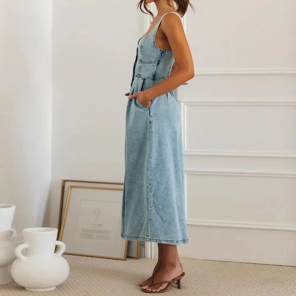 Women's Summer Casual Button Down Denim Dress Sleeveless Slim Fit Midi A-Line Jean Dress
