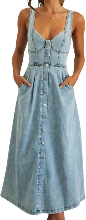 Women's Summer Casual Button Down Denim Dress Sleeveless Slim Fit Midi A-Line Jean Dress