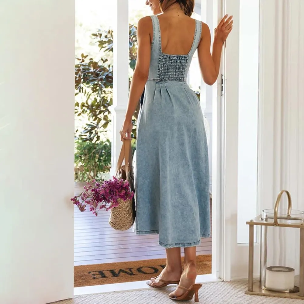 Women's Summer Casual Button Down Denim Dress Sleeveless Slim Fit Midi A-Line Jean Dress