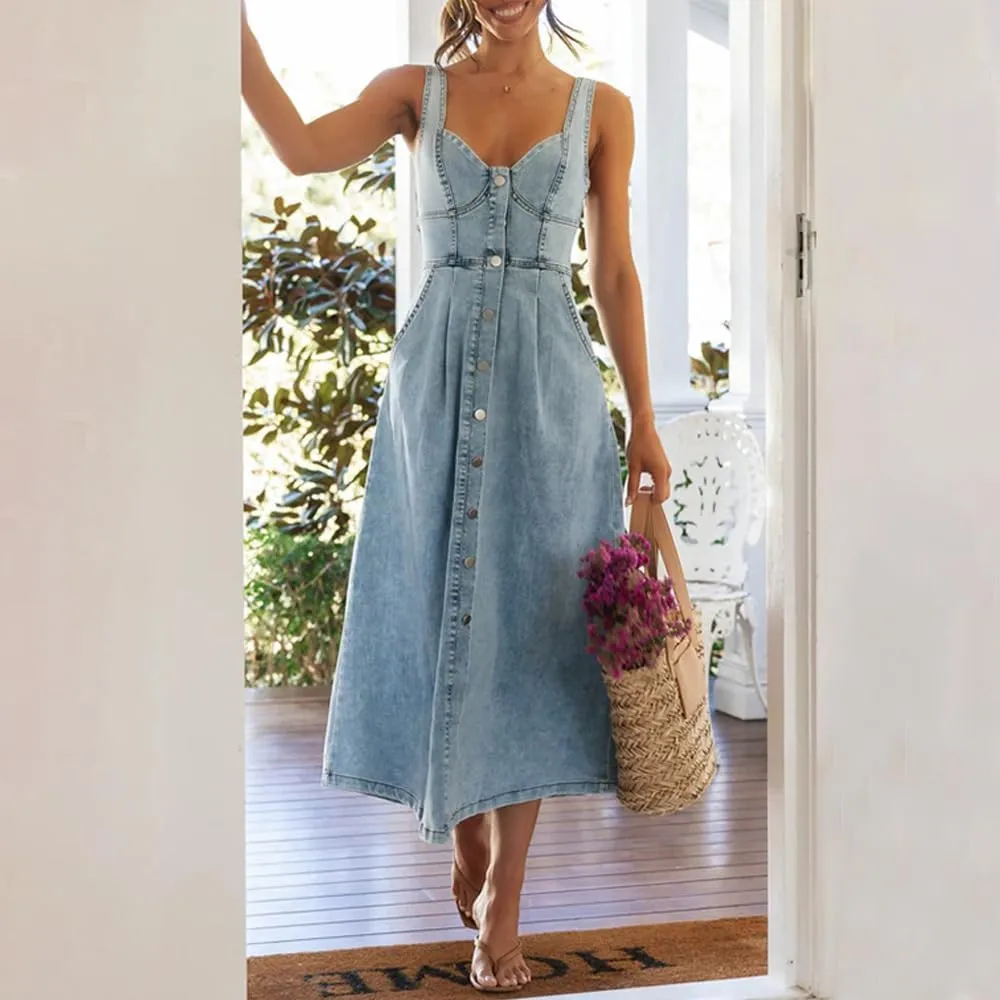 Women's Summer Casual Button Down Denim Dress Sleeveless Slim Fit Midi A-Line Jean Dress