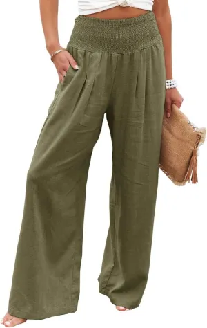 Womens Summer Cotton Linen Pants Wide Leg Pants Stretch High Waist Pant Solid Color Casual Trousers with Pockets