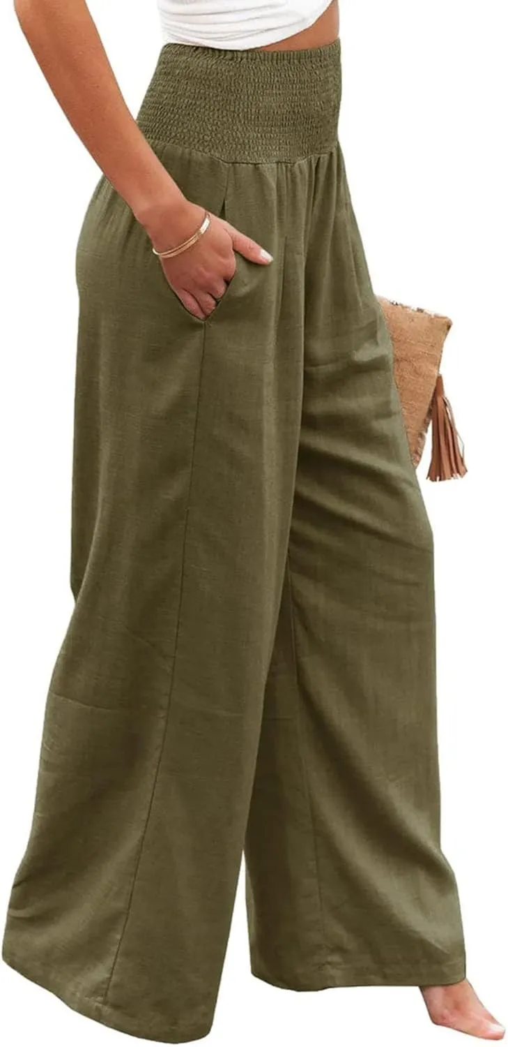 Womens Summer Cotton Linen Pants Wide Leg Pants Stretch High Waist Pant Solid Color Casual Trousers with Pockets