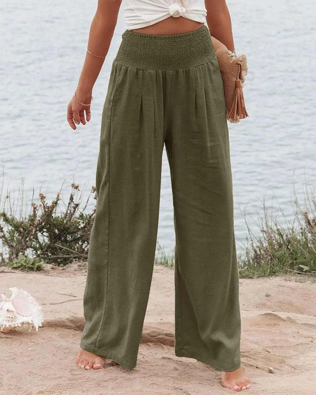 Womens Summer Cotton Linen Pants Wide Leg Pants Stretch High Waist Pant Solid Color Casual Trousers with Pockets