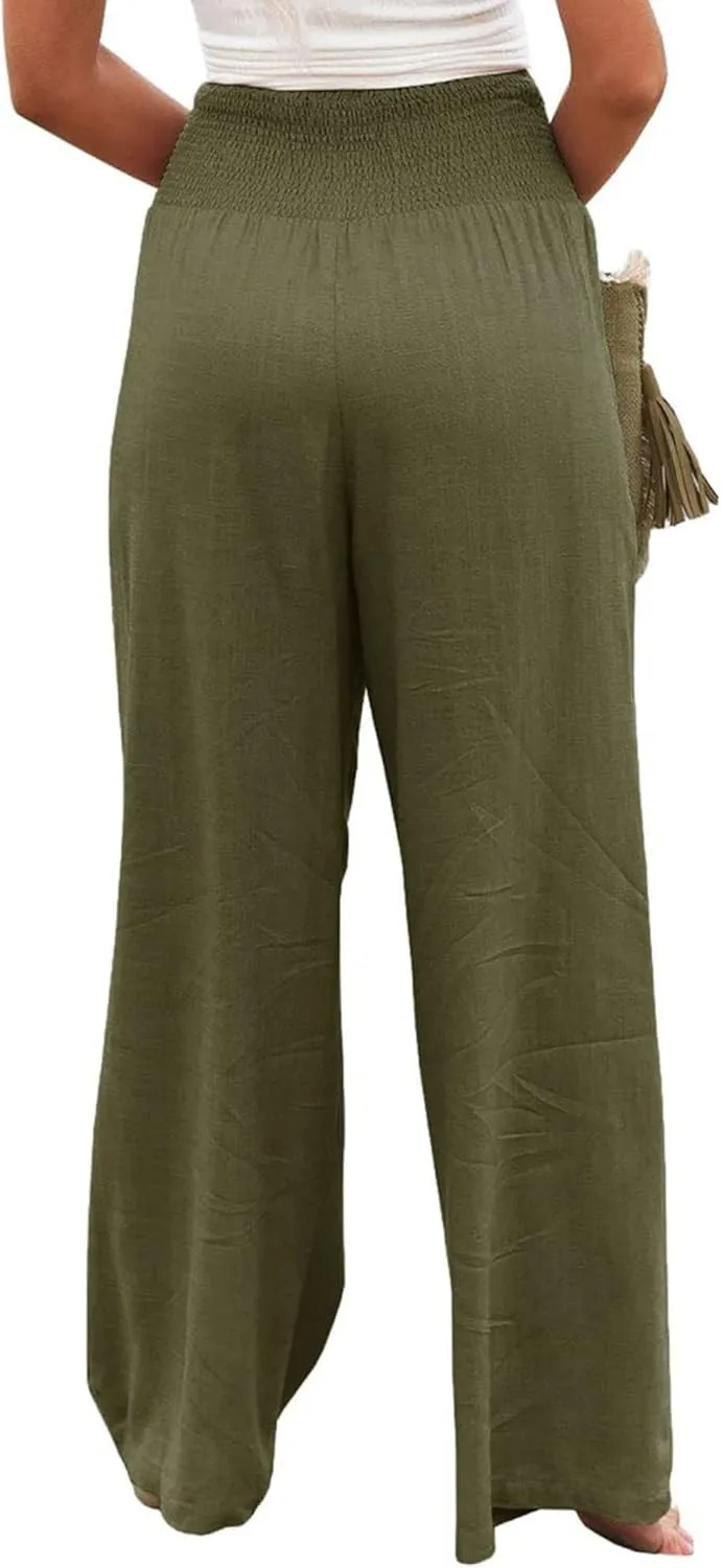 Womens Summer Cotton Linen Pants Wide Leg Pants Stretch High Waist Pant Solid Color Casual Trousers with Pockets