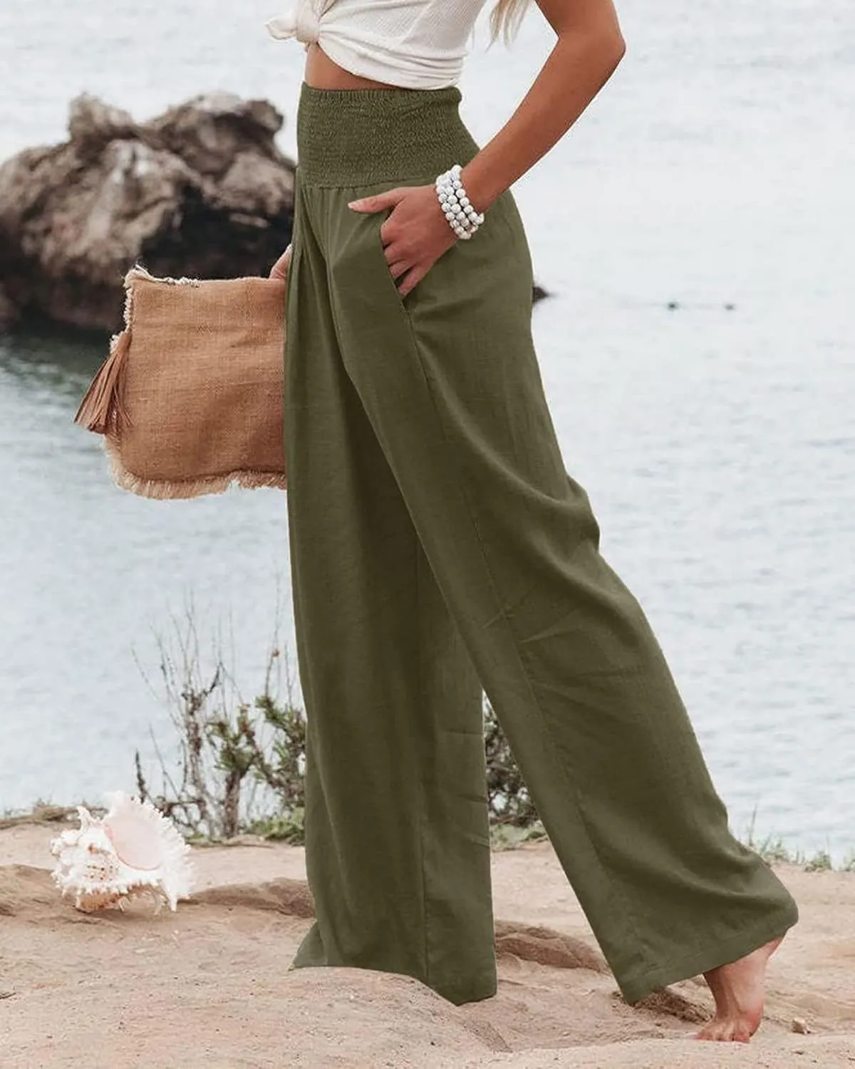 Womens Summer Cotton Linen Pants Wide Leg Pants Stretch High Waist Pant Solid Color Casual Trousers with Pockets