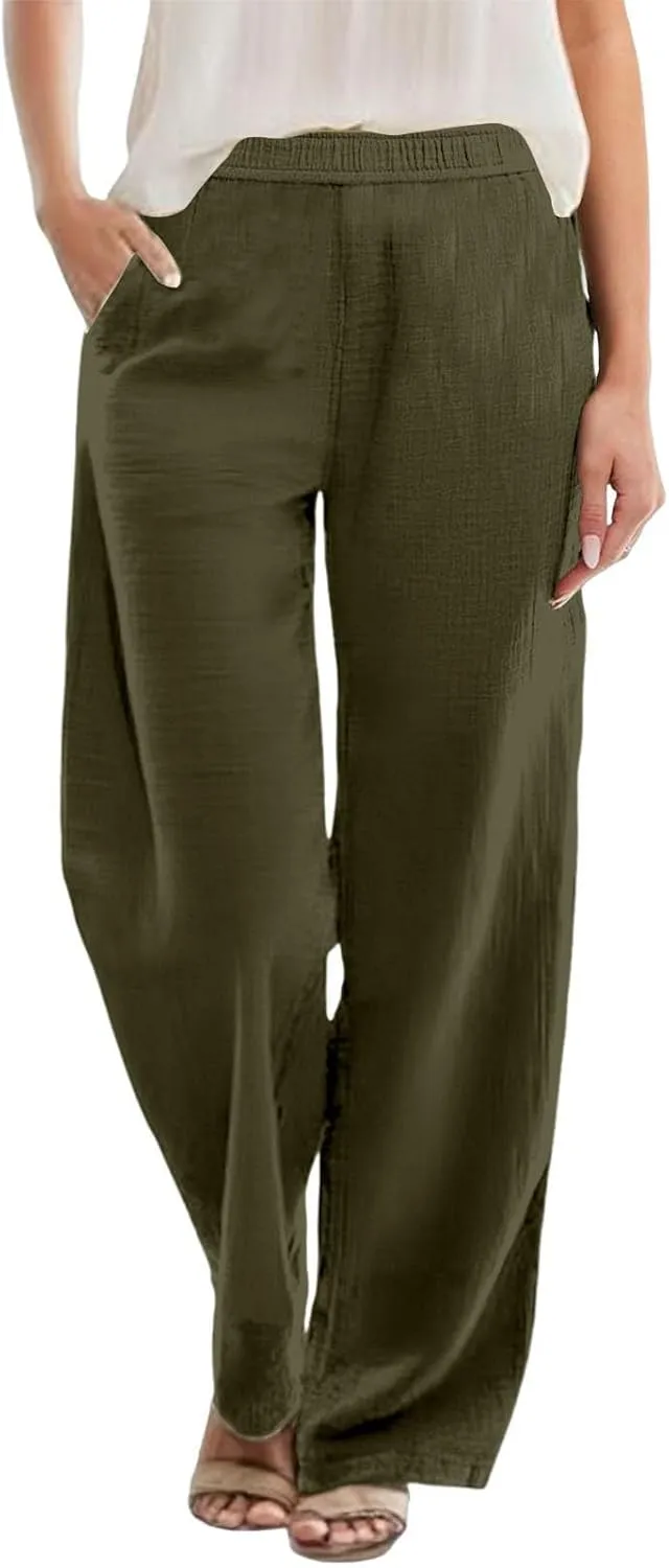Womens Summer Fashion Linen Pants Solid Casual High Waist Loose Fitness Elastic Waist Trousers with Pockets