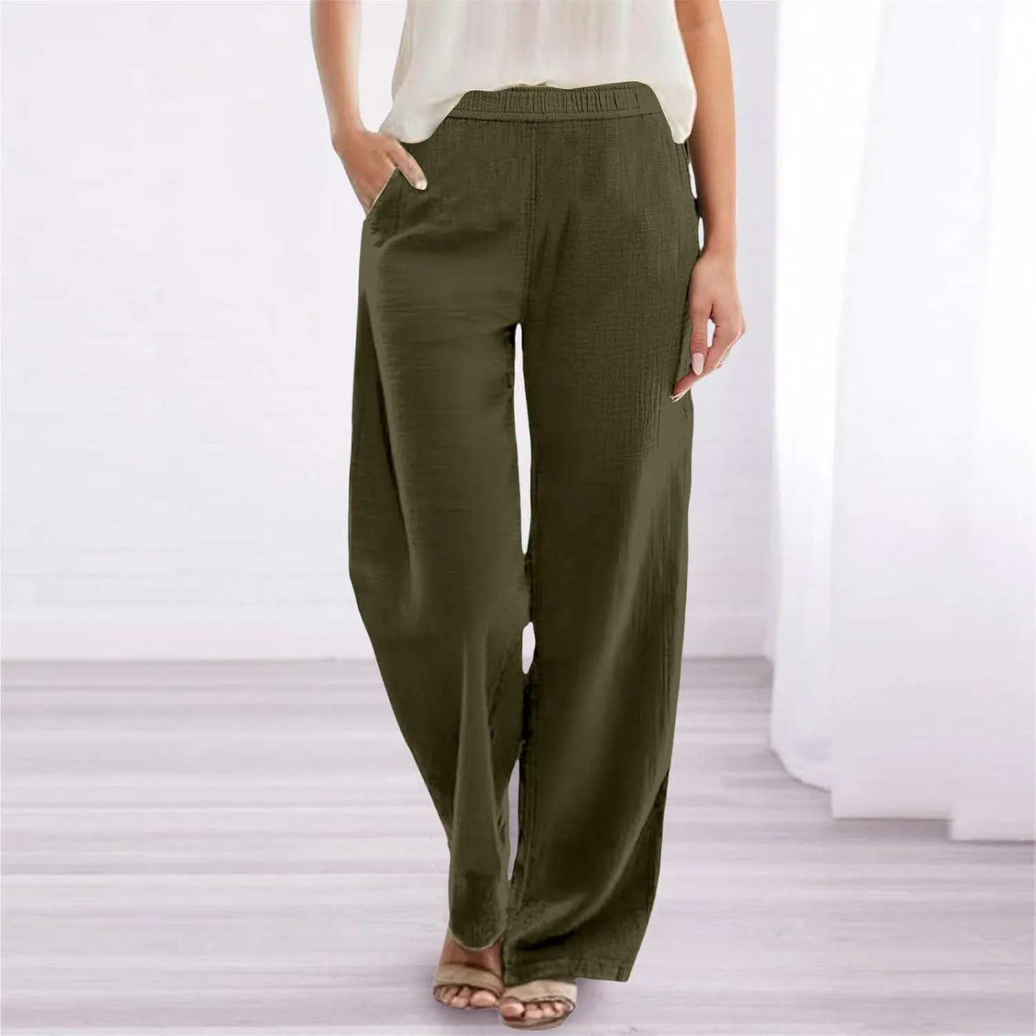 Womens Summer Fashion Linen Pants Solid Casual High Waist Loose Fitness Elastic Waist Trousers with Pockets