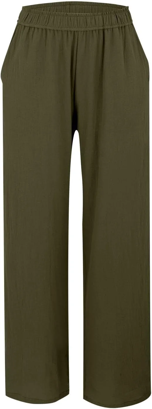 Womens Summer Fashion Linen Pants Solid Casual High Waist Loose Fitness Elastic Waist Trousers with Pockets