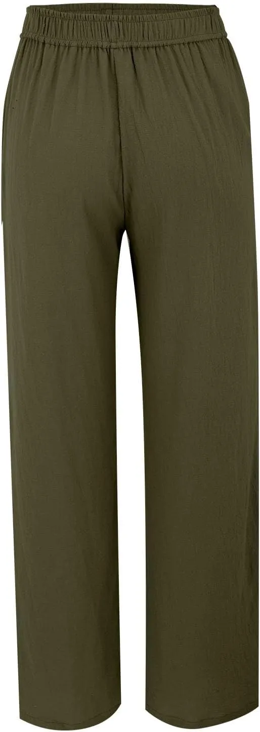Womens Summer Fashion Linen Pants Solid Casual High Waist Loose Fitness Elastic Waist Trousers with Pockets