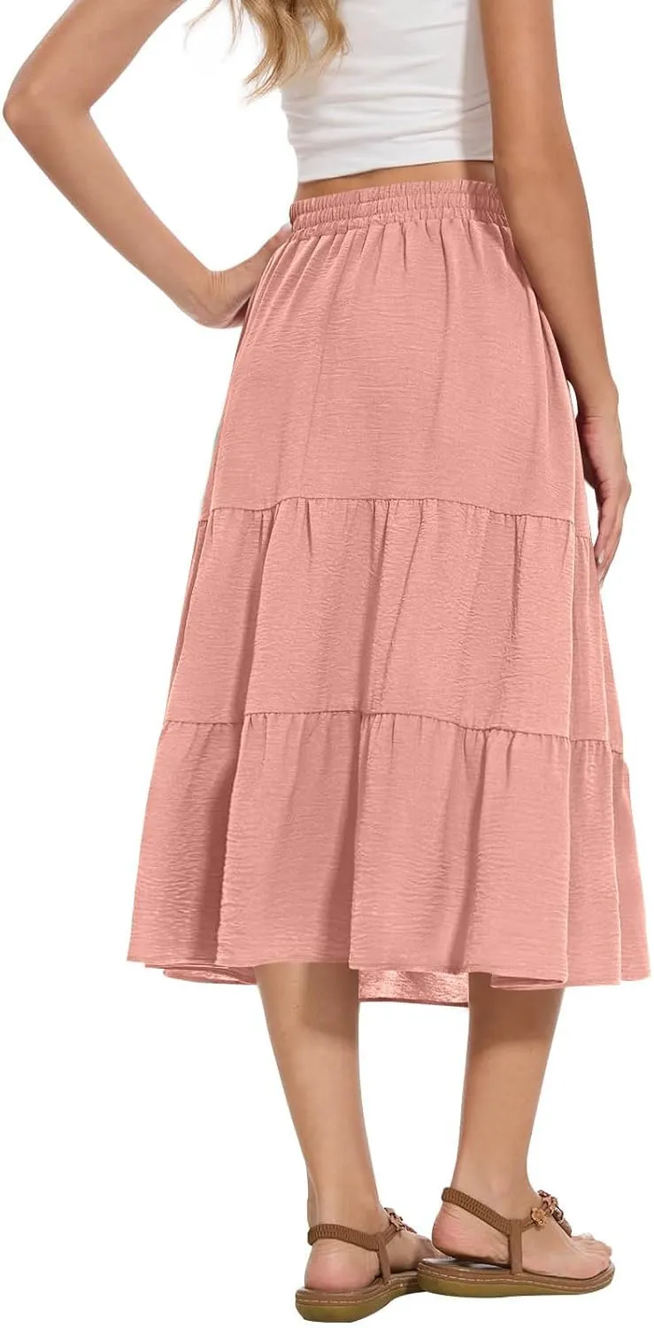 Women's Summer High Waisted Skirts Tiered Ruffle Skirts Boho Flowy Swing Pleated Skirt Casual A-Line Maxi Skirt