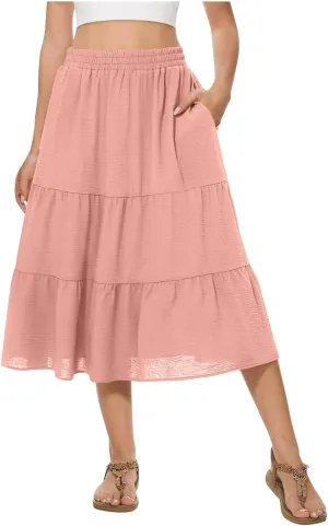 Women's Summer High Waisted Skirts Tiered Ruffle Skirts Boho Flowy Swing Pleated Skirt Casual A-Line Maxi Skirt