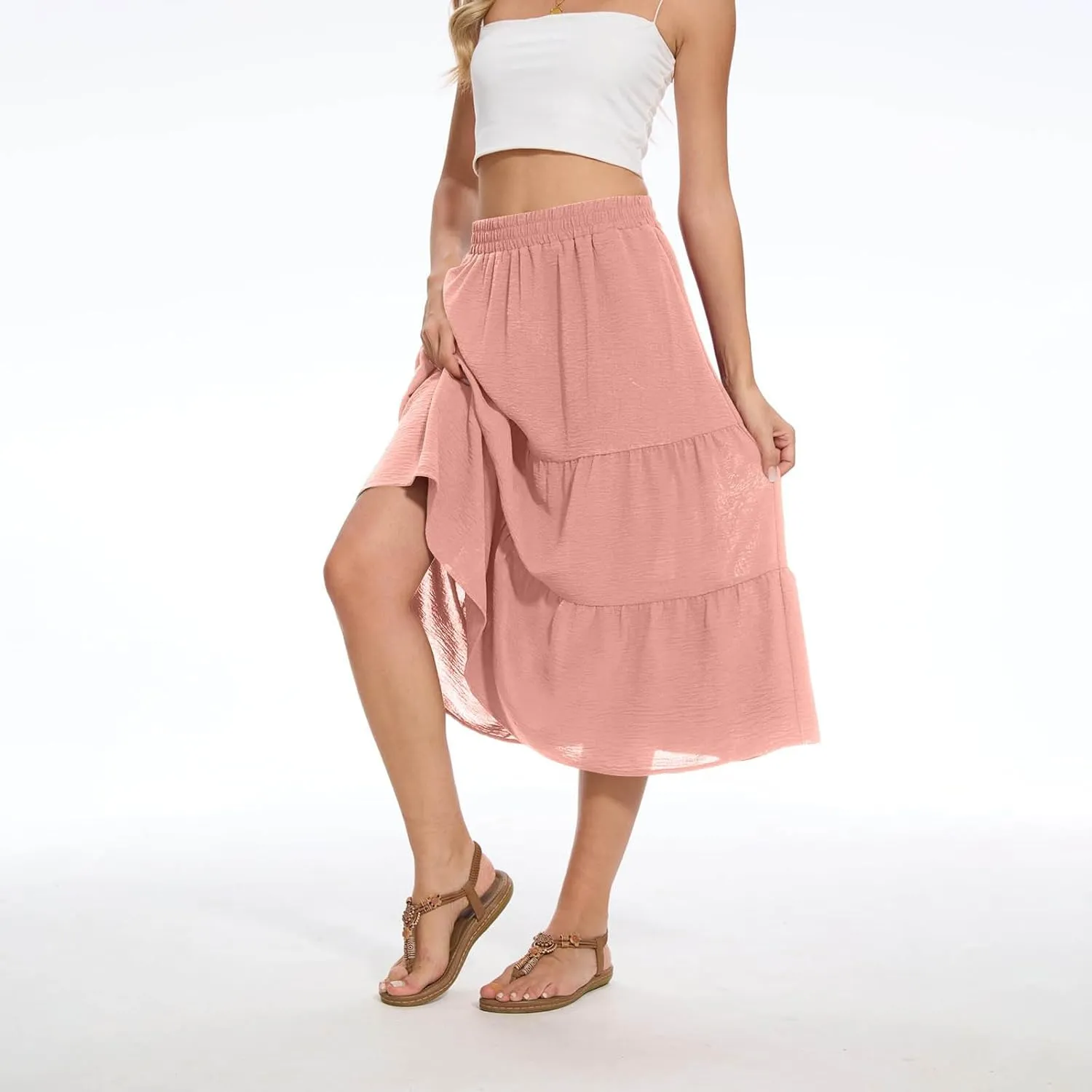 Women's Summer High Waisted Skirts Tiered Ruffle Skirts Boho Flowy Swing Pleated Skirt Casual A-Line Maxi Skirt