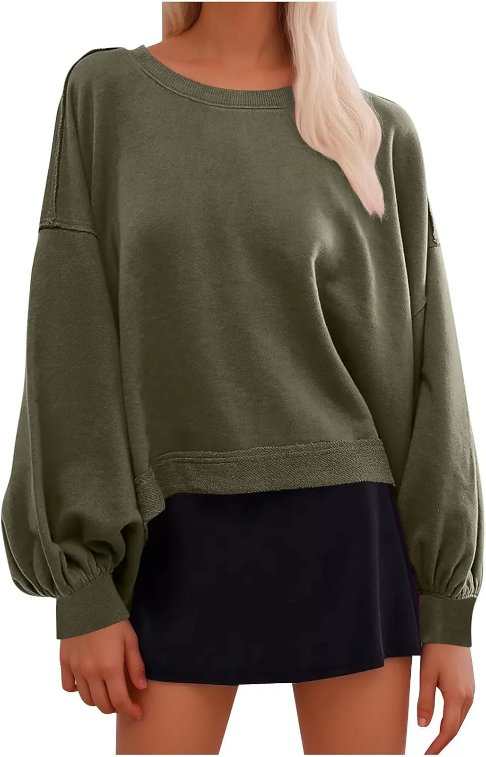 Womens Tops Long Puff Sleeve Sweatshirt Crop Solid Color Pullover Tops Dressy Casual Daily Cute Shirts for Women
