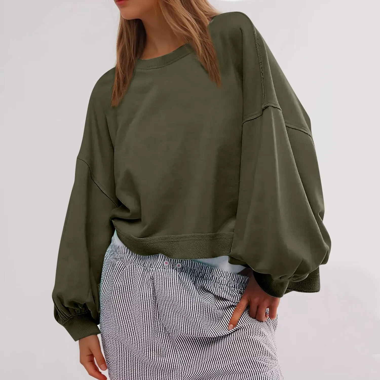Womens Tops Long Puff Sleeve Sweatshirt Crop Solid Color Pullover Tops Dressy Casual Daily Cute Shirts for Women