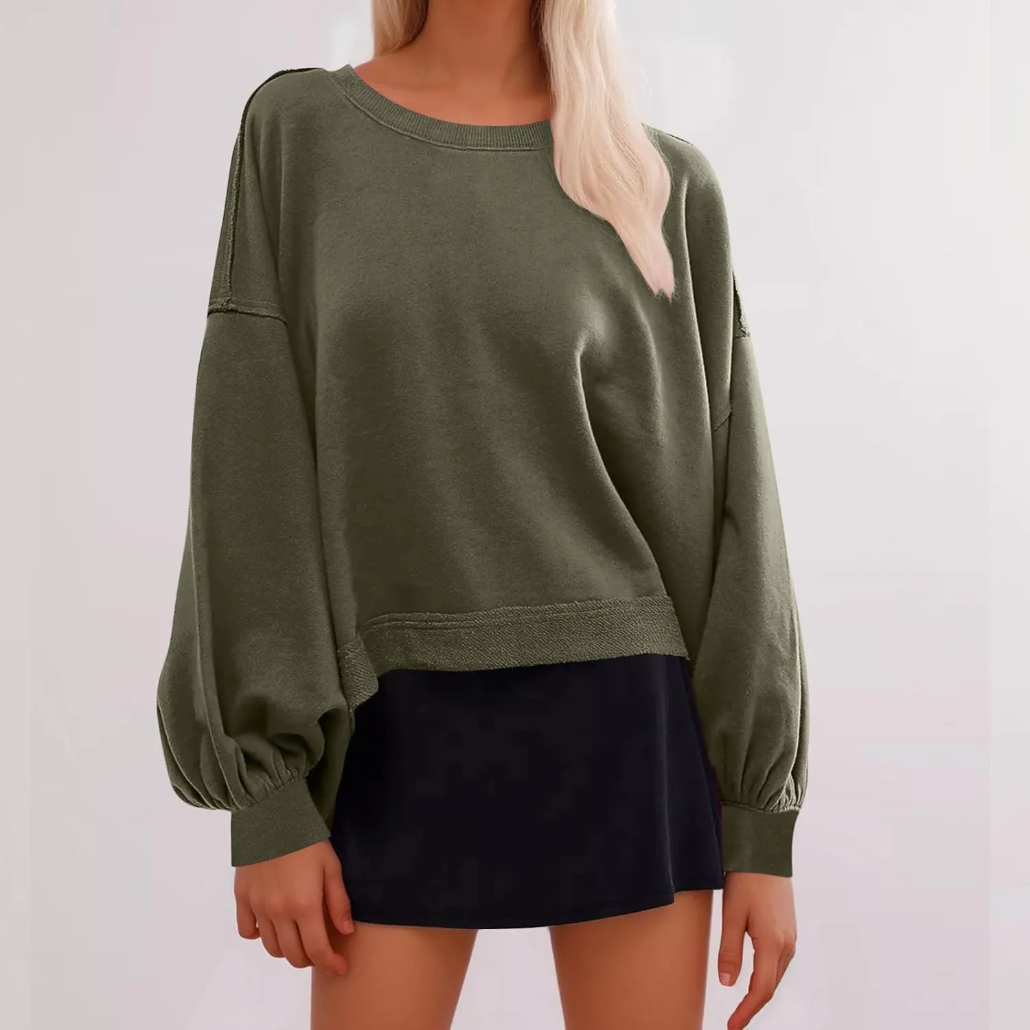 Womens Tops Long Puff Sleeve Sweatshirt Crop Solid Color Pullover Tops Dressy Casual Daily Cute Shirts for Women