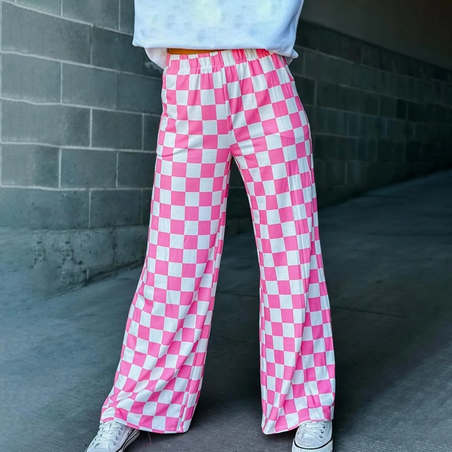 Womens Y2K Checkered Wide Leg Pants High Elastic Waist Plaid Straight Loose Fit Lounge Trouser Going Out Streetwear