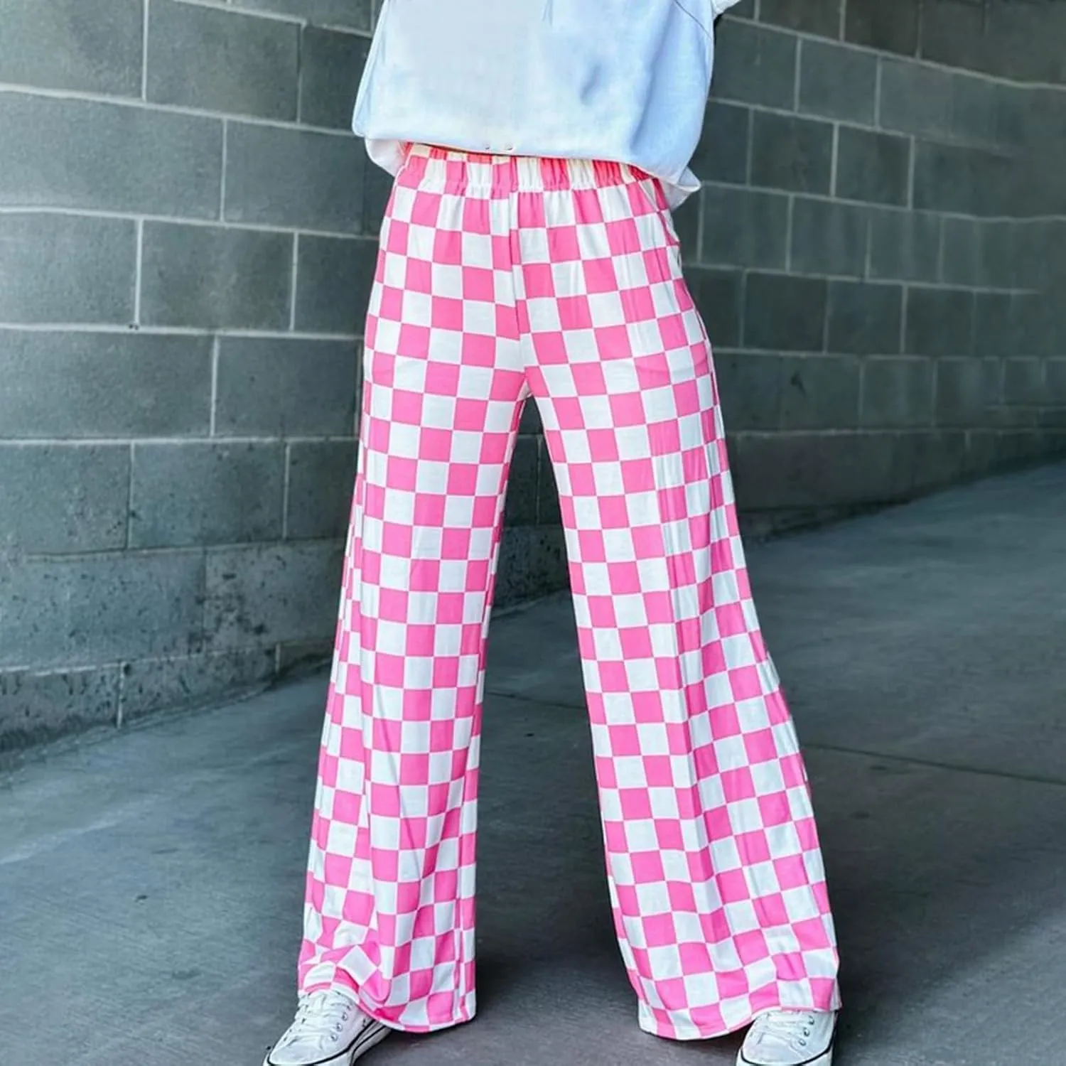 Womens Y2K Checkered Wide Leg Pants High Elastic Waist Plaid Straight Loose Fit Lounge Trouser Going Out Streetwear