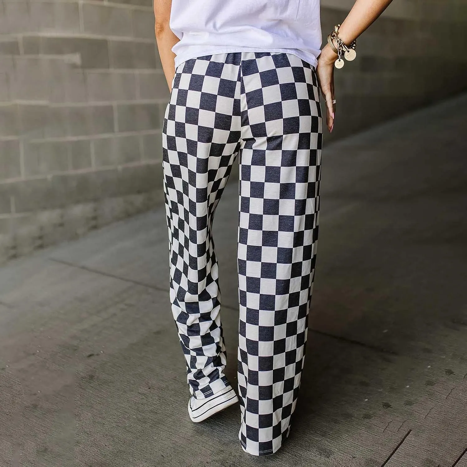 Womens Y2K Checkered Wide Leg Pants High Elastic Waist Plaid Straight Loose Fit Lounge Trouser Going Out Streetwear