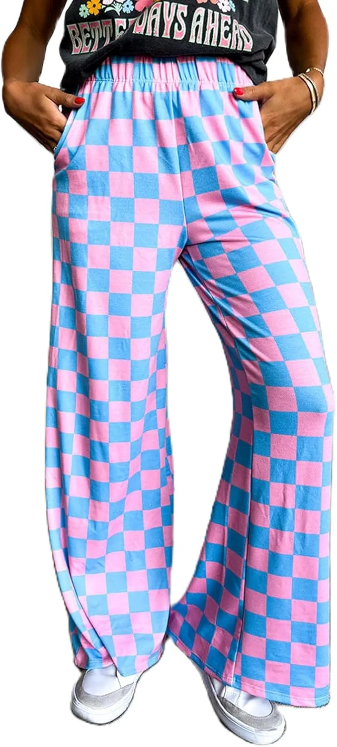 Womens Y2K Checkered Wide Leg Pants High Elastic Waist Plaid Straight Loose Fit Lounge Trouser Going Out Streetwear