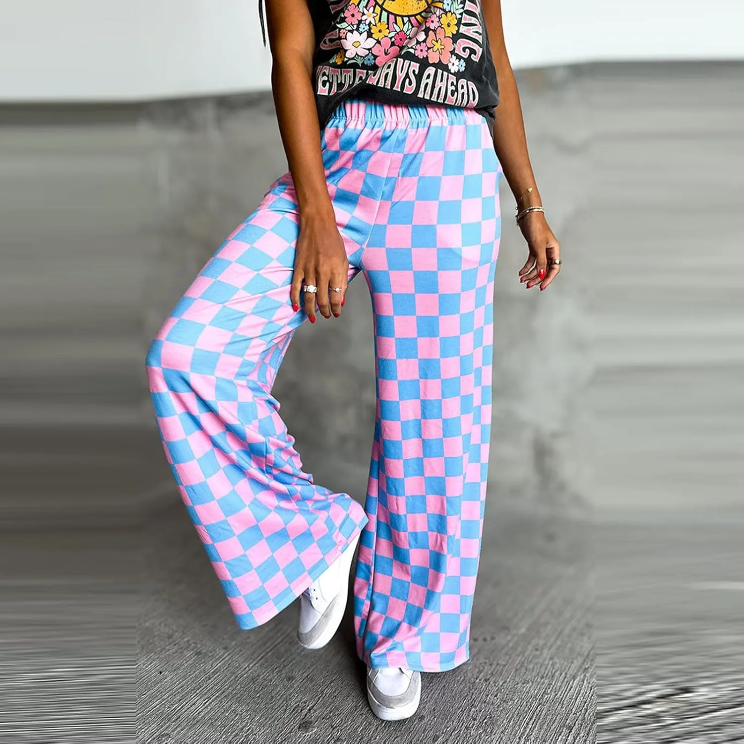 Womens Y2K Checkered Wide Leg Pants High Elastic Waist Plaid Straight Loose Fit Lounge Trouser Going Out Streetwear