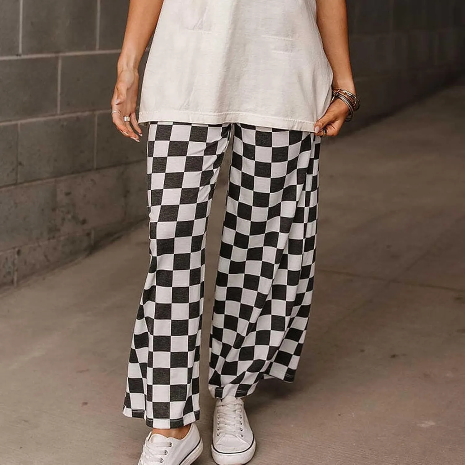 Womens Y2K Checkered Wide Leg Pants High Elastic Waist Plaid Straight Loose Fit Lounge Trouser Going Out Streetwear