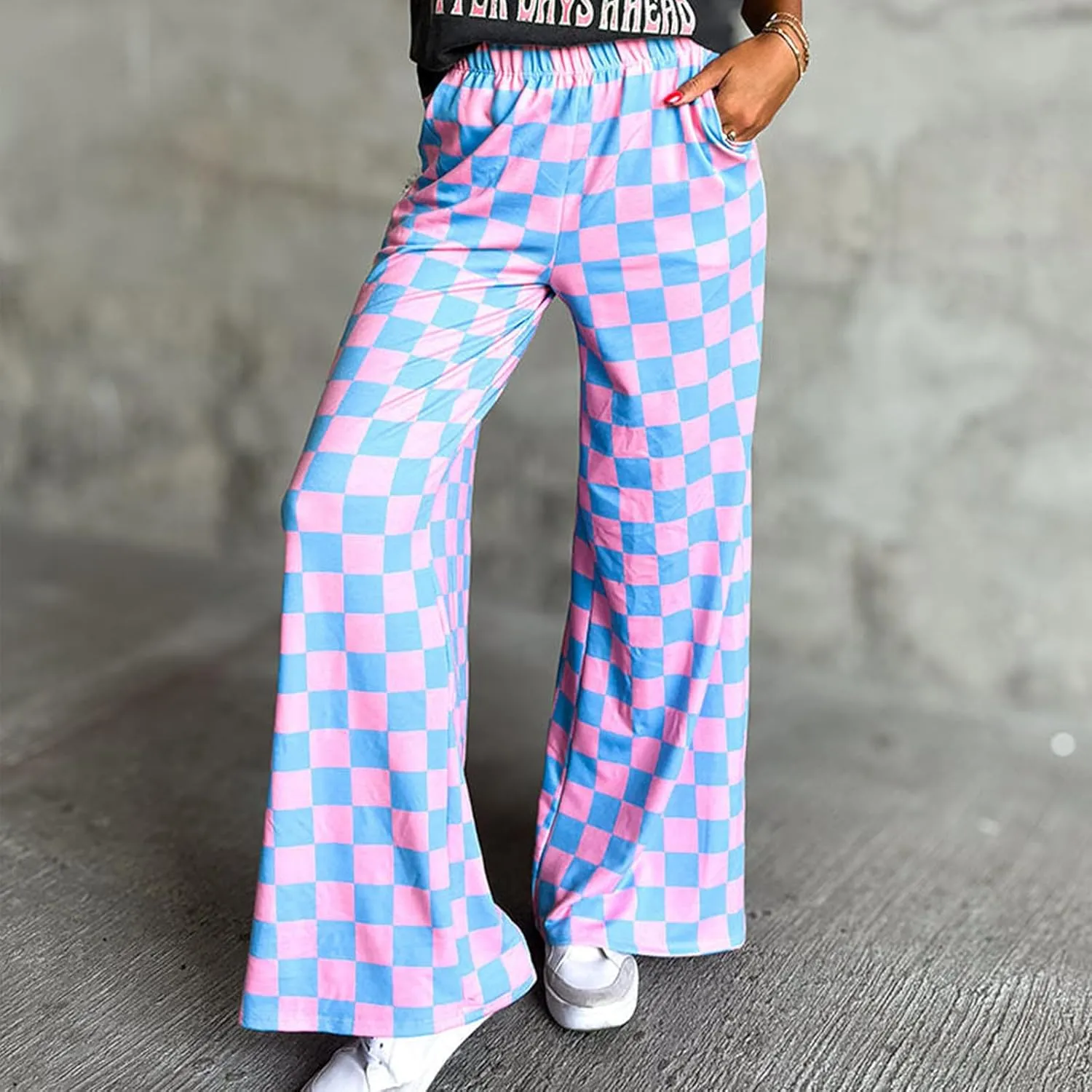 Womens Y2K Checkered Wide Leg Pants High Elastic Waist Plaid Straight Loose Fit Lounge Trouser Going Out Streetwear