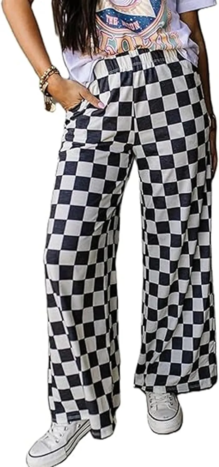 Womens Y2K Checkered Wide Leg Pants High Elastic Waist Plaid Straight Loose Fit Lounge Trouser Going Out Streetwear