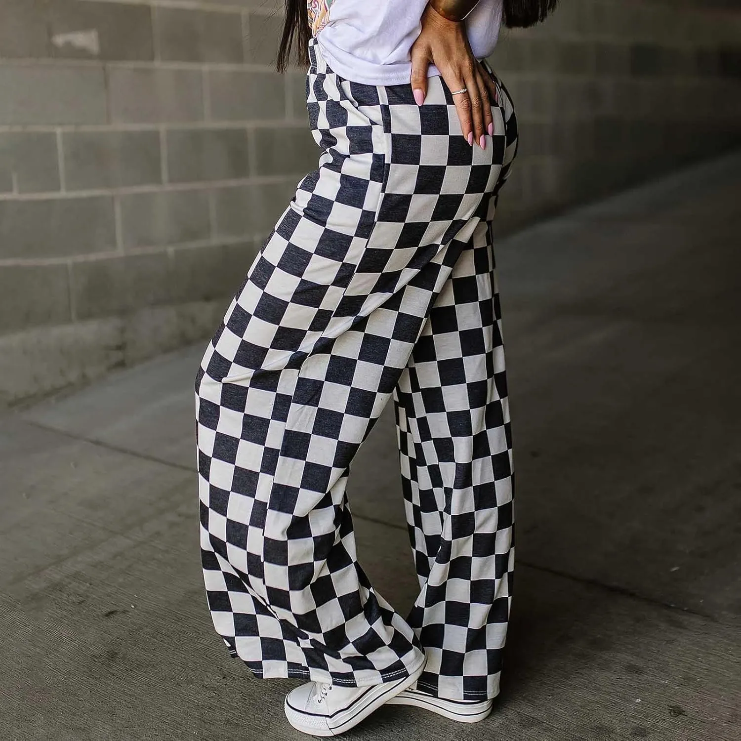 Womens Y2K Checkered Wide Leg Pants High Elastic Waist Plaid Straight Loose Fit Lounge Trouser Going Out Streetwear