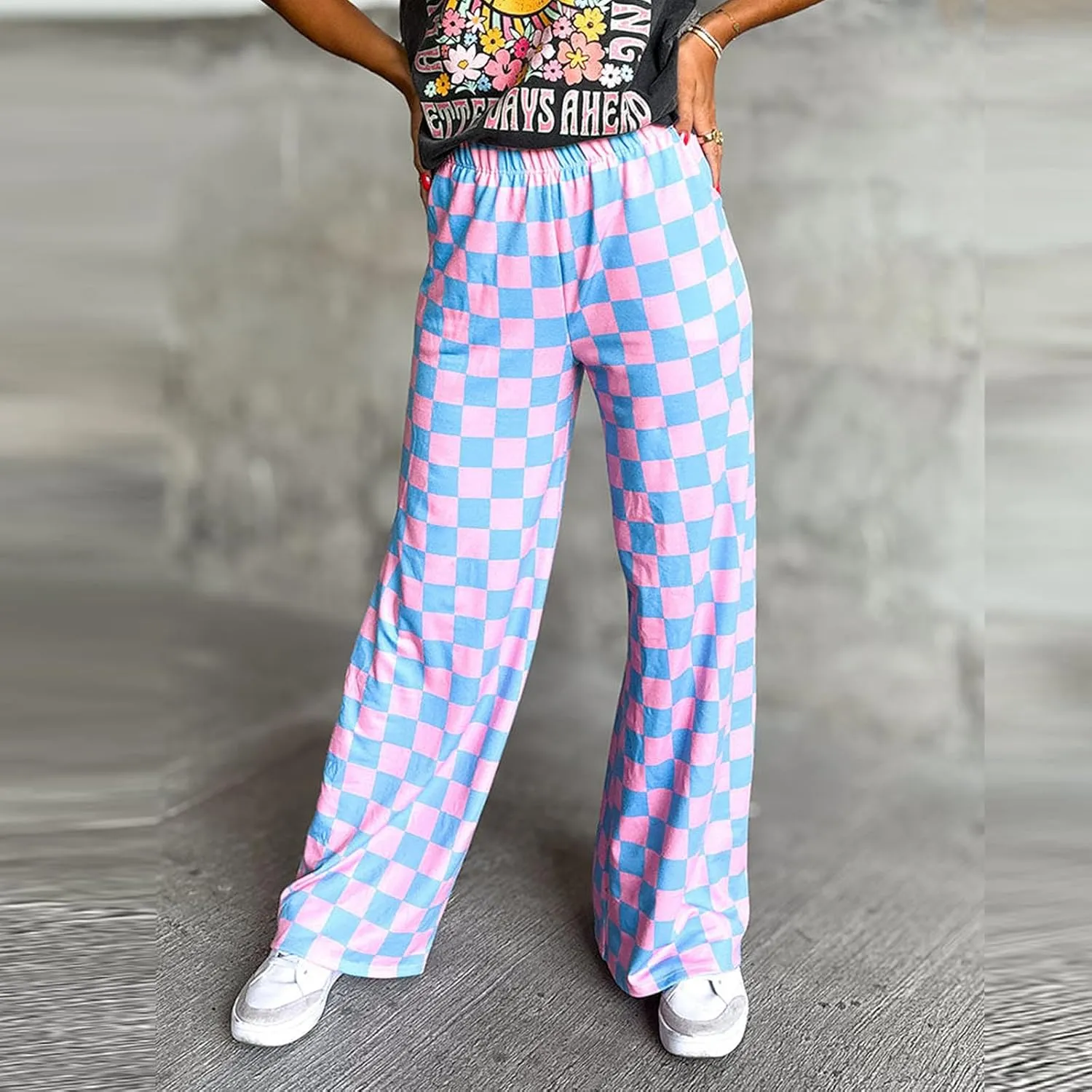 Womens Y2K Checkered Wide Leg Pants High Elastic Waist Plaid Straight Loose Fit Lounge Trouser Going Out Streetwear