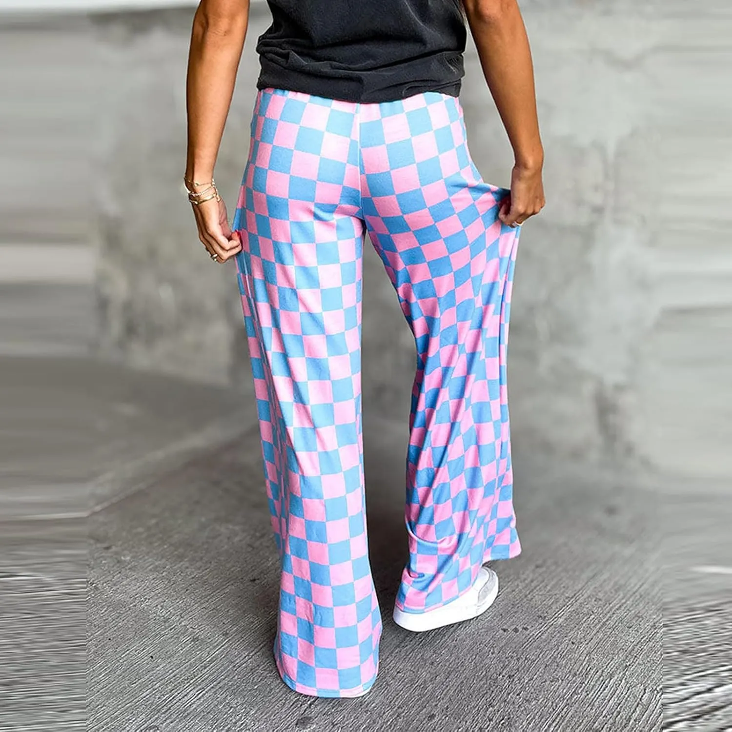 Womens Y2K Checkered Wide Leg Pants High Elastic Waist Plaid Straight Loose Fit Lounge Trouser Going Out Streetwear