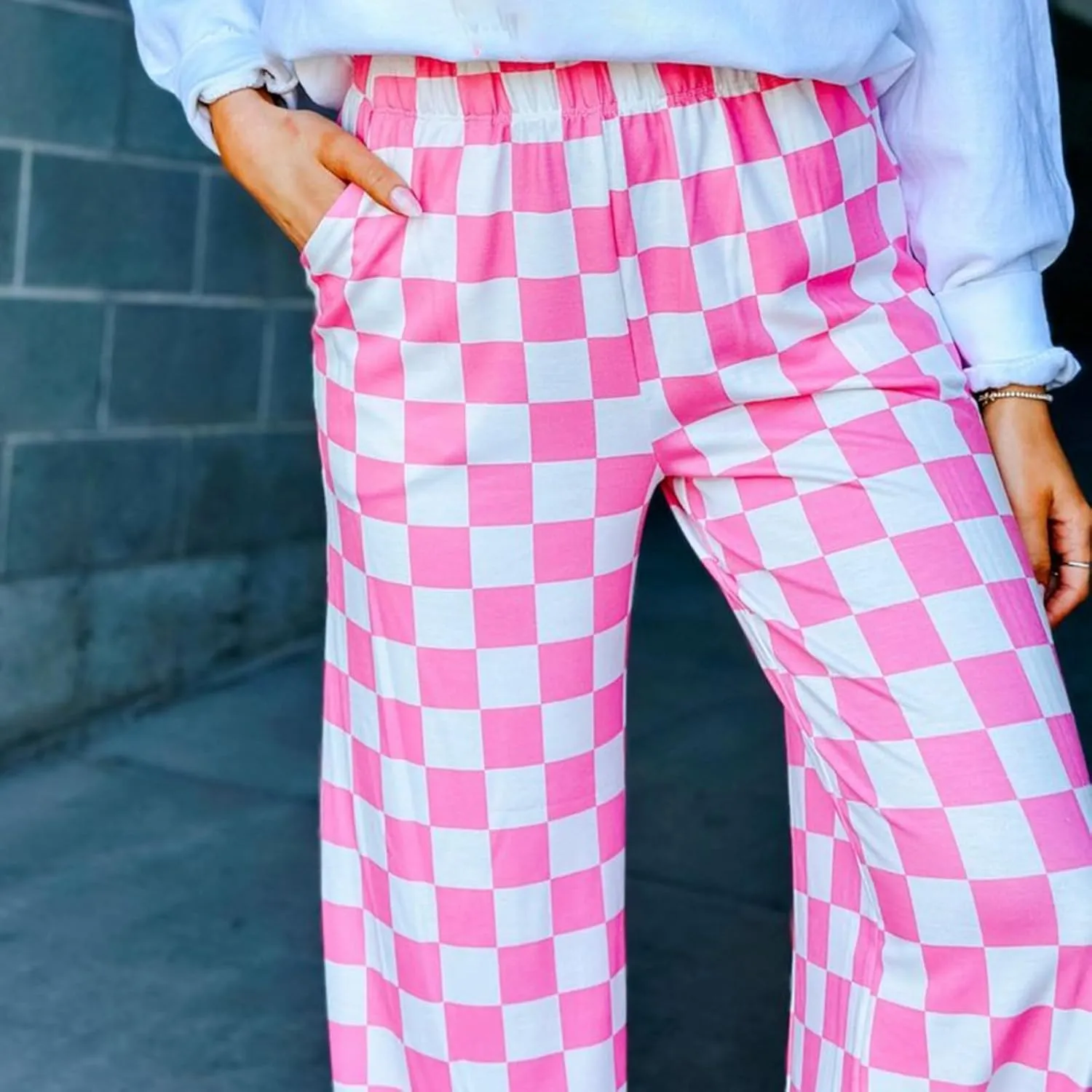 Womens Y2K Checkered Wide Leg Pants High Elastic Waist Plaid Straight Loose Fit Lounge Trouser Going Out Streetwear
