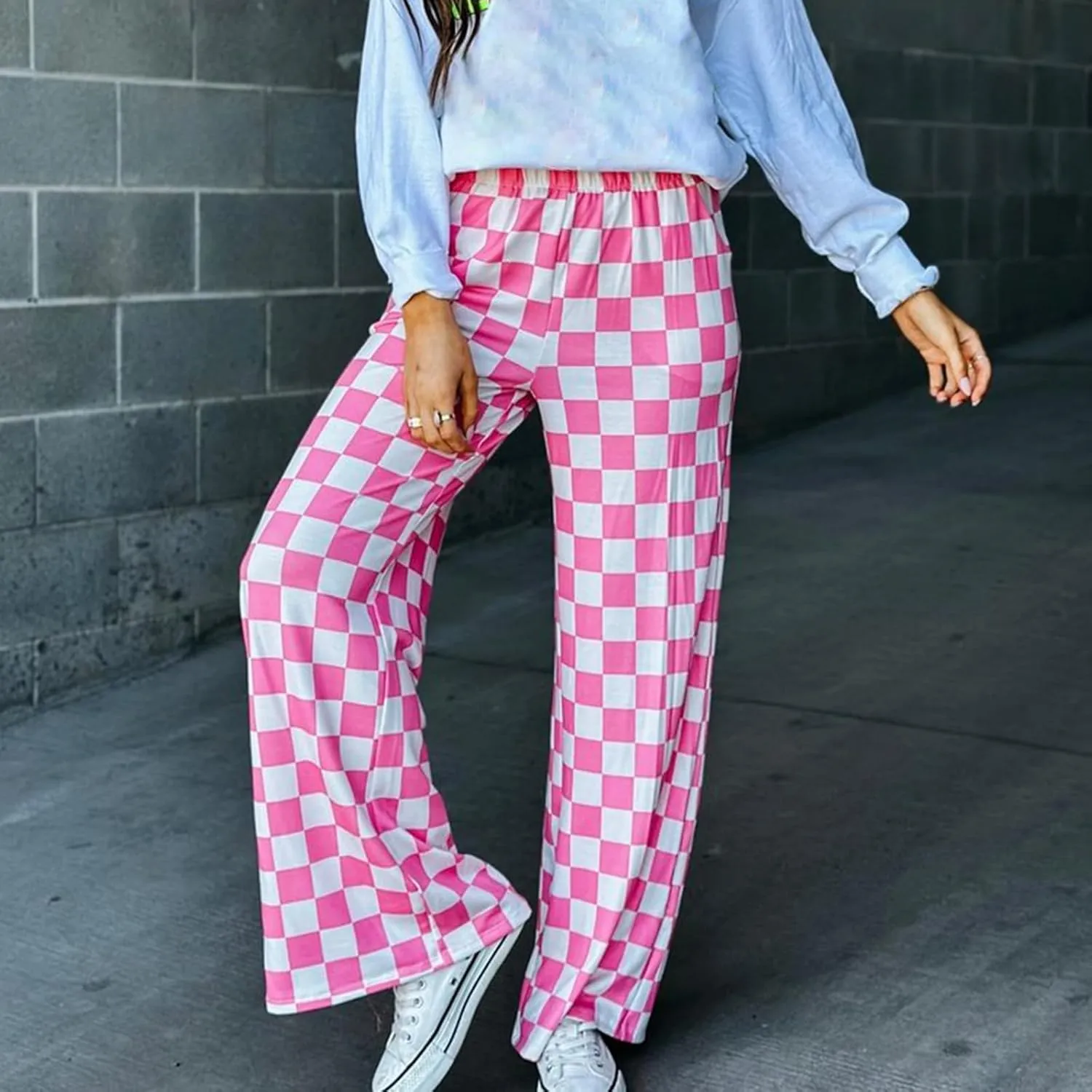 Womens Y2K Checkered Wide Leg Pants High Elastic Waist Plaid Straight Loose Fit Lounge Trouser Going Out Streetwear