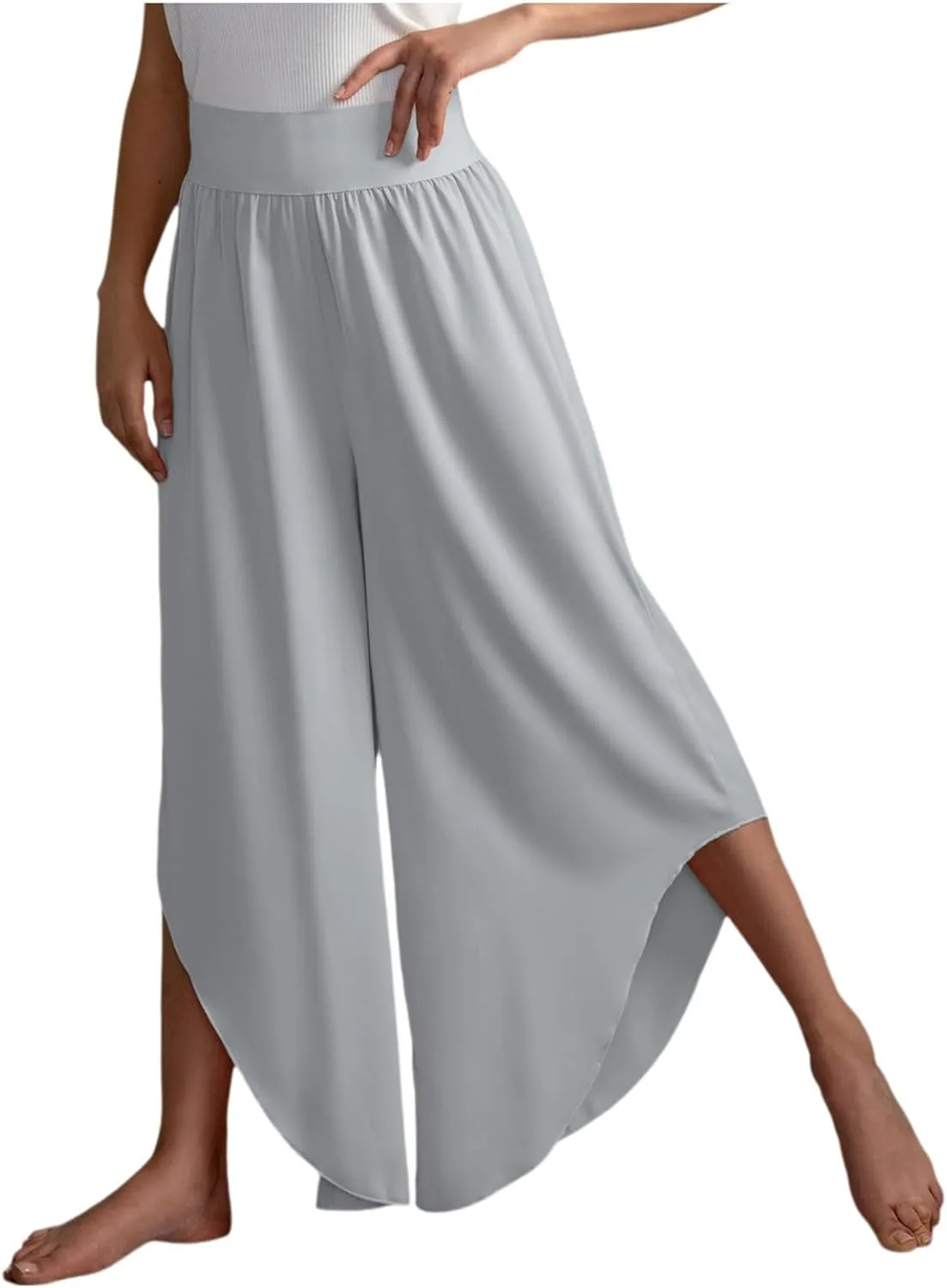 Women's Yoga Palazzo Pants Trendy Flowy Elastic Waist High Fork Wide Leg Pants Comfy Breathable Loose Baggy Trousers