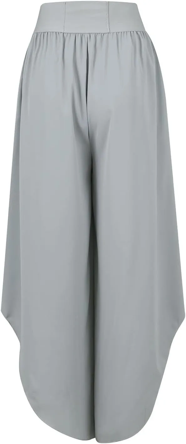 Women's Yoga Palazzo Pants Trendy Flowy Elastic Waist High Fork Wide Leg Pants Comfy Breathable Loose Baggy Trousers