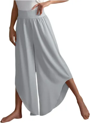 Women's Yoga Palazzo Pants Trendy Flowy Elastic Waist High Fork Wide Leg Pants Comfy Breathable Loose Baggy Trousers