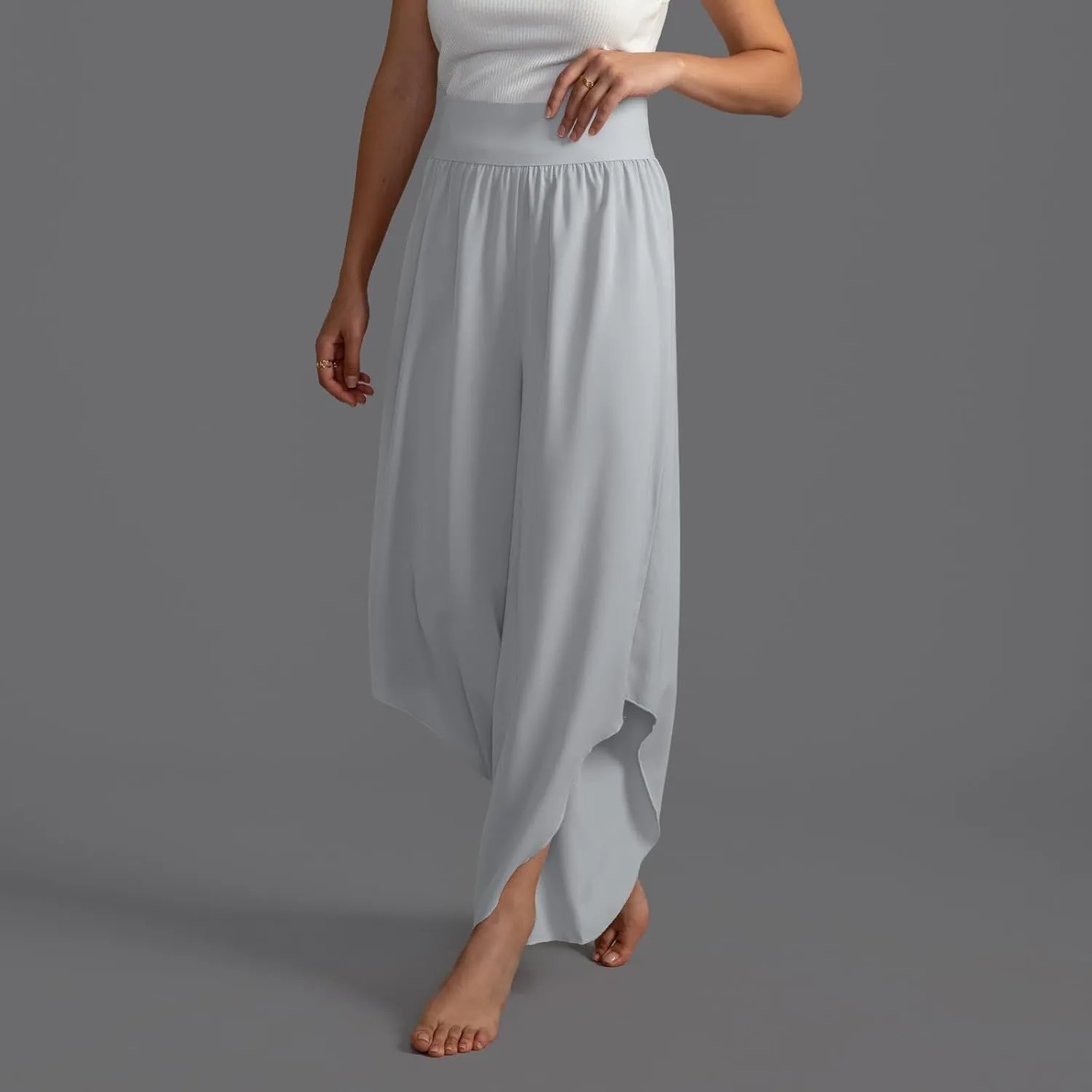 Women's Yoga Palazzo Pants Trendy Flowy Elastic Waist High Fork Wide Leg Pants Comfy Breathable Loose Baggy Trousers