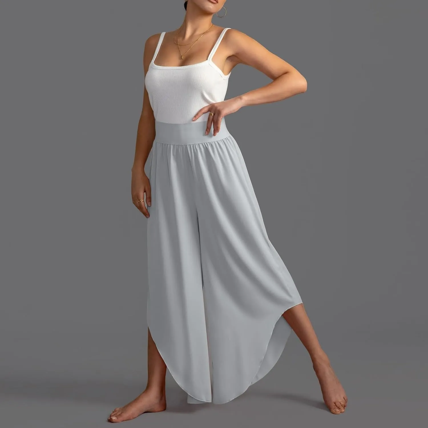 Women's Yoga Palazzo Pants Trendy Flowy Elastic Waist High Fork Wide Leg Pants Comfy Breathable Loose Baggy Trousers