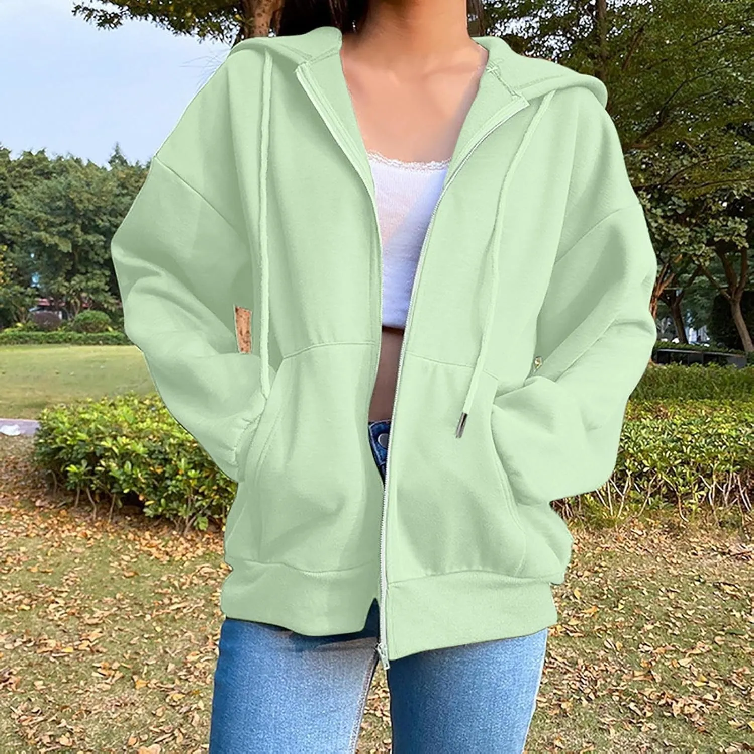 Women's Zip Up Hoodies Casual Fall Fashion Oversized Sweatshirts Y2K Teen Girl Cute Long Sleeve Jackets with Pockets