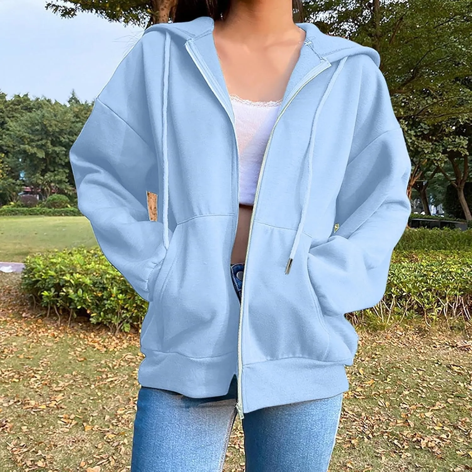 Women's Zip Up Hoodies Casual Fall Fashion Oversized Sweatshirts Y2K Teen Girl Cute Long Sleeve Jackets with Pockets