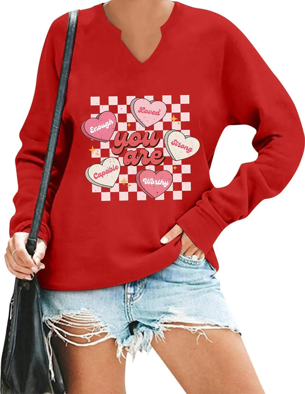 Ymoshoe Women V-Neck Valentine Sweatshirt Love Heart Elbow Patch Shirts Gift for Her