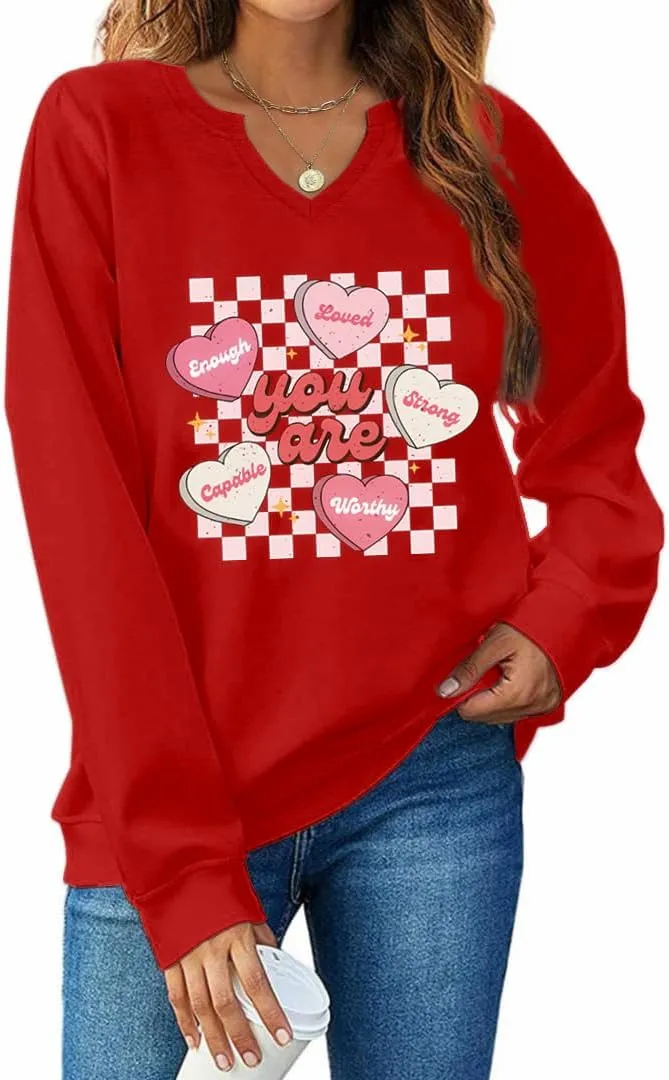 Ymoshoe Women V-Neck Valentine Sweatshirt Love Heart Elbow Patch Shirts Gift for Her