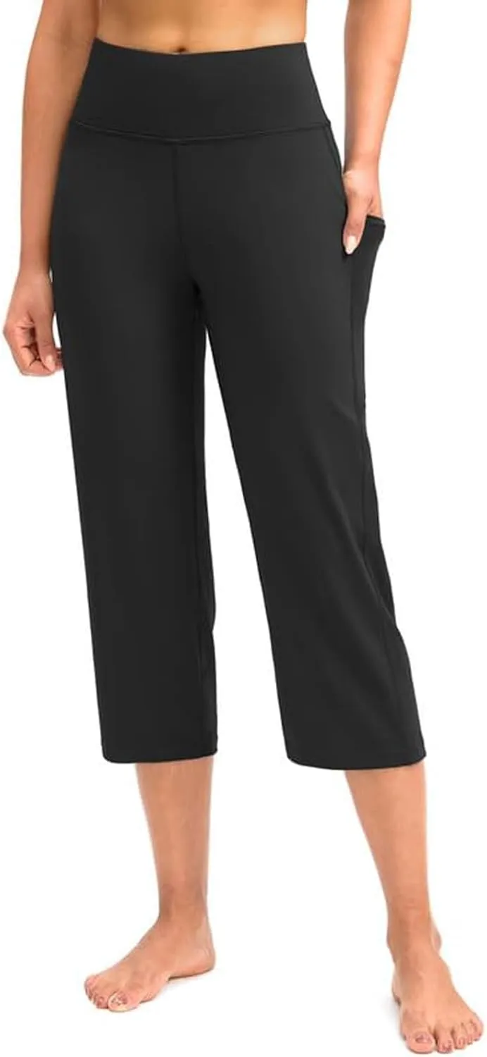 Yoga Pants for Women High Elastic Waist Cropped Trousers Slim Fit Comfy Soft Workout Fitness Sweatpants with Pockets