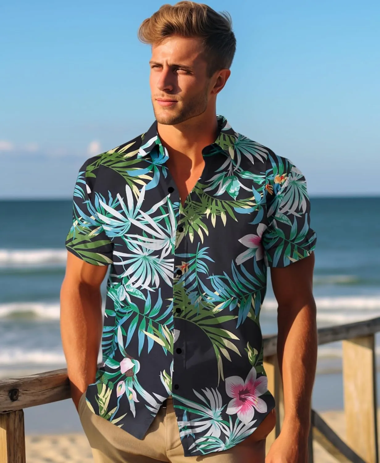 Yoimira Mens Hawaiian Shirts Short Sleeve,Print Mens Casual Button Down Floral Summer Beach Shirt