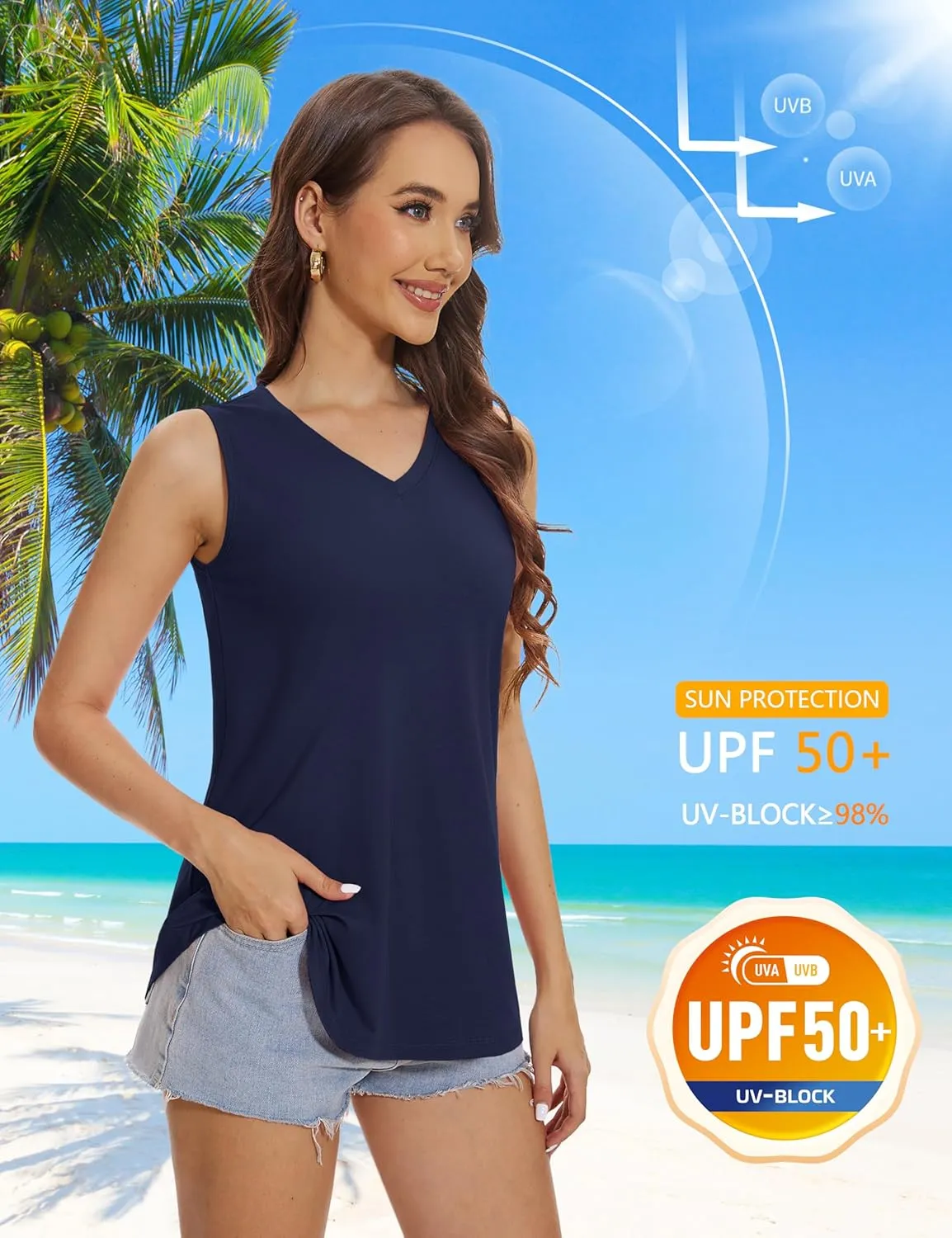YUCOLEN Women's Tank Tops Sleeveless V Neck Loose Fit Shirts Summer Flowy Curved Hem UPF 50  Basic Clothes