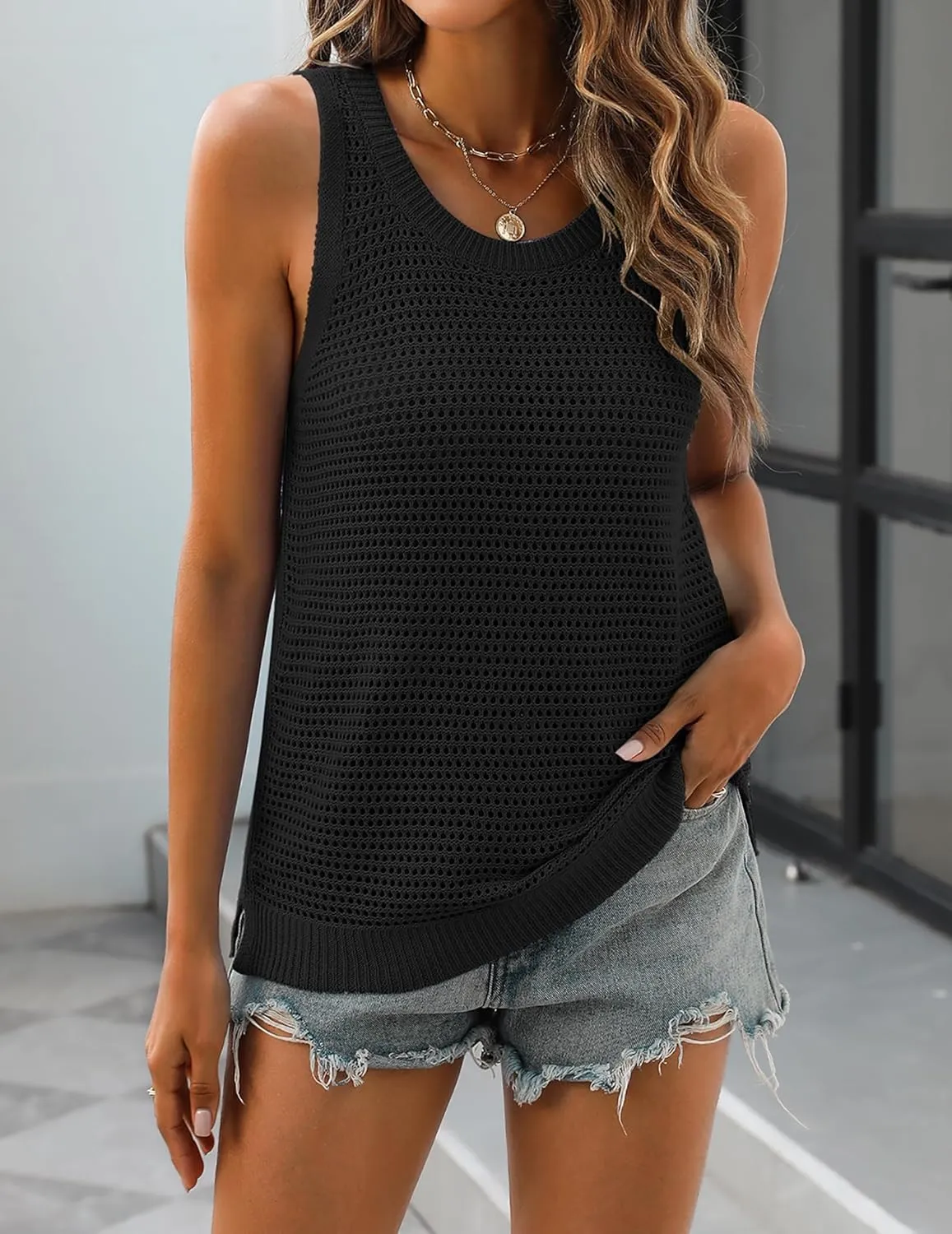 Zeagoo Womens Summer Crochet Sleeveless Sweater Vest Round Neck Hollow Out Knit Tank Tops Casual Loose Cami Tops