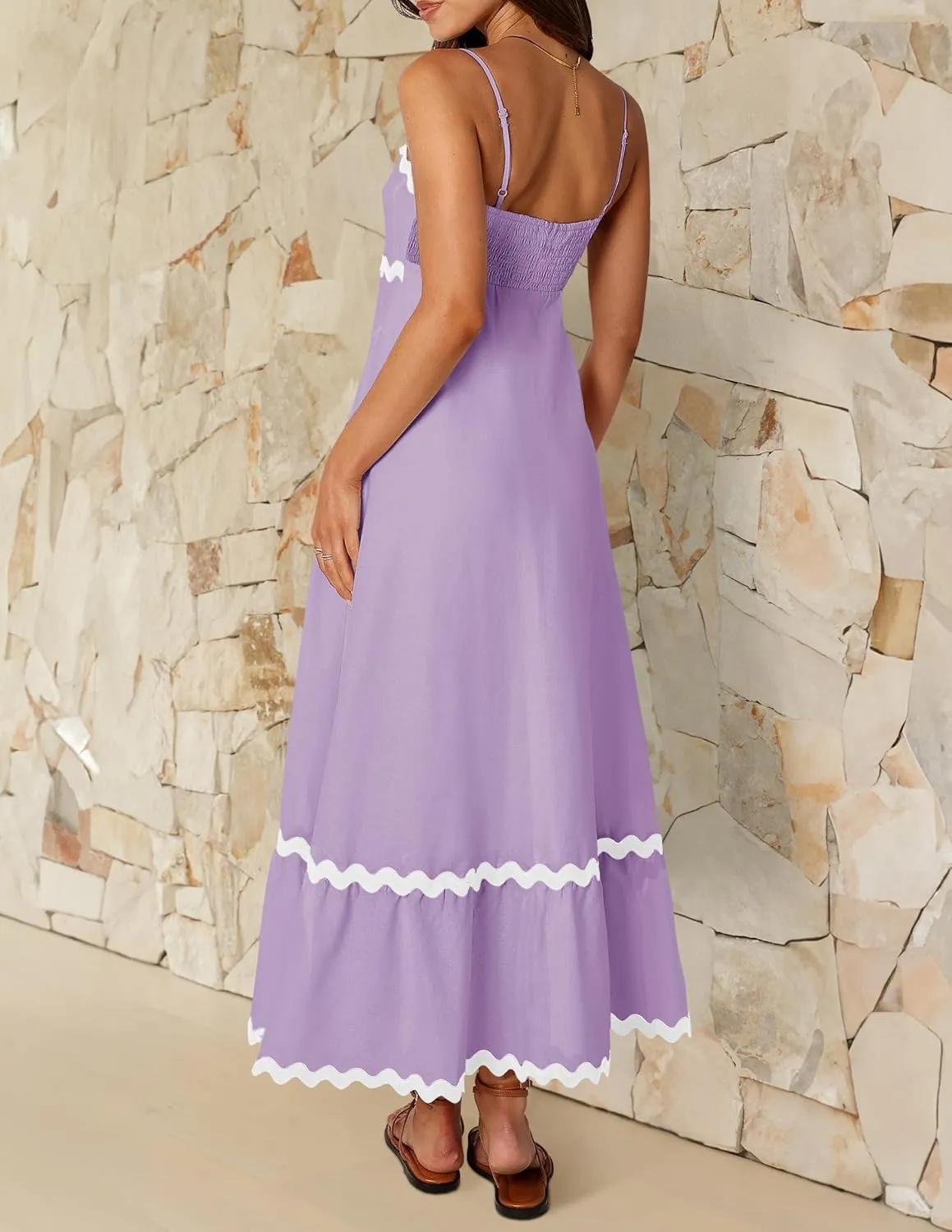 ZESICA Women's 2025 Summer Spaghetti Straps Sleeveless Backless Sundress Flowy Smocked Lace Swing A Line Midi Dress