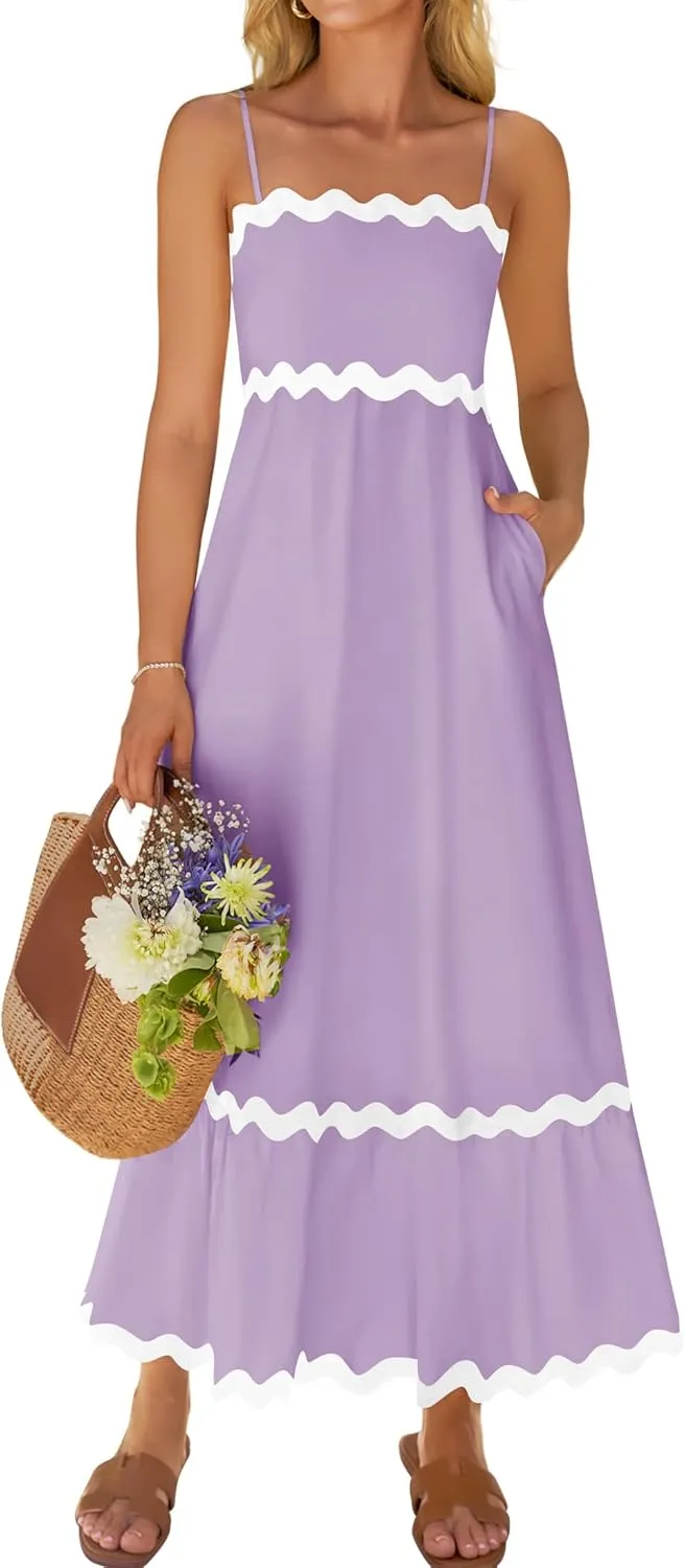 ZESICA Women's 2025 Summer Spaghetti Straps Sleeveless Backless Sundress Flowy Smocked Lace Swing A Line Midi Dress
