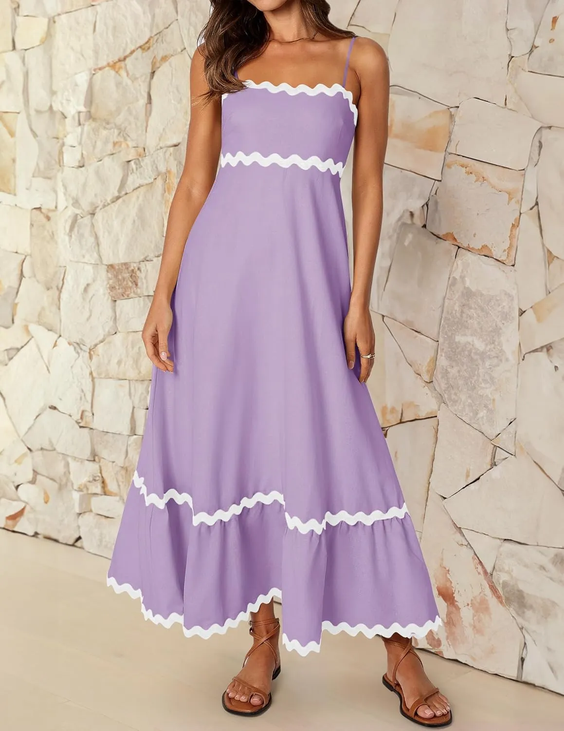 ZESICA Women's 2025 Summer Spaghetti Straps Sleeveless Backless Sundress Flowy Smocked Lace Swing A Line Midi Dress