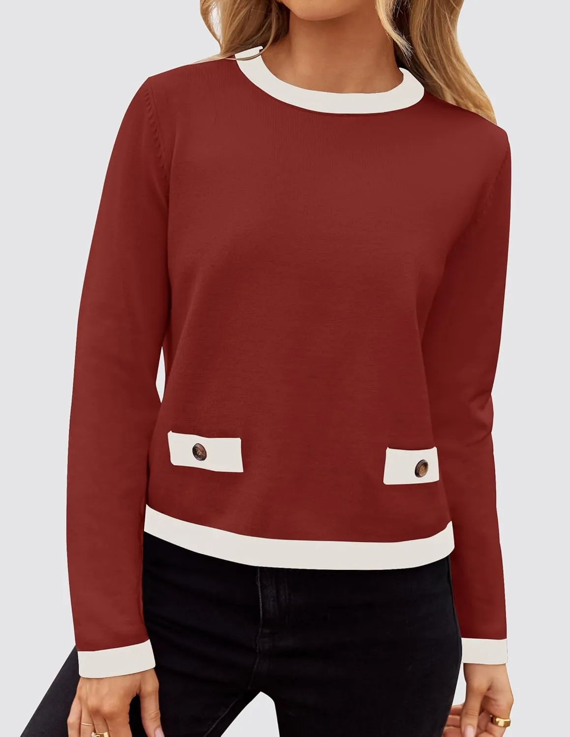ZESICA Women's Fall Sweaters 2025 Long Sleeve Crewneck Knit Color Block Lightweight Pullover Tops Clothes