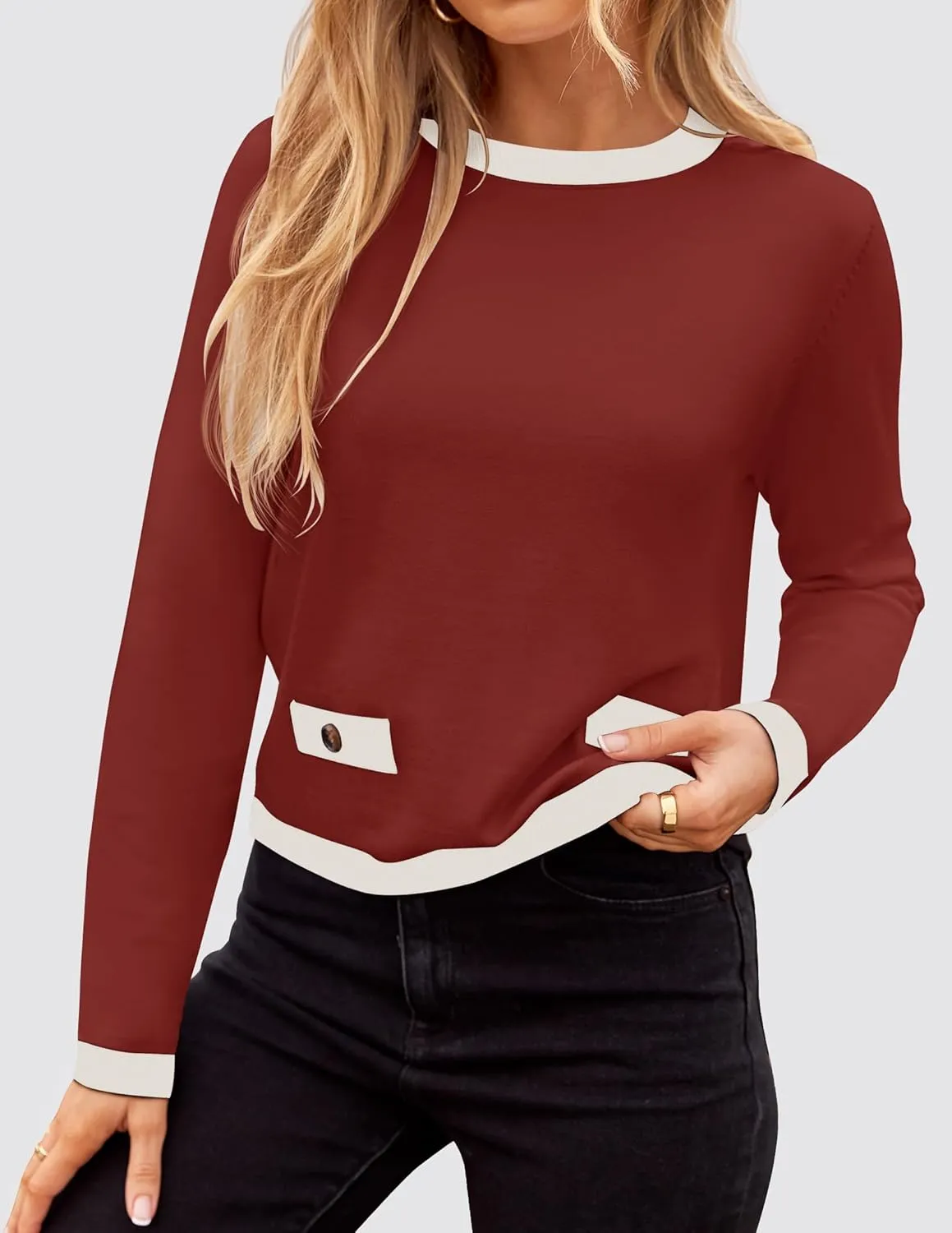 ZESICA Women's Fall Sweaters 2025 Long Sleeve Crewneck Knit Color Block Lightweight Pullover Tops Clothes